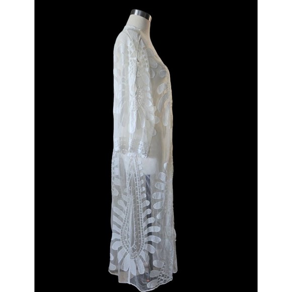 White Embroidered Lace Duster Kimono Long Coverup See through - Picture 5 of 8